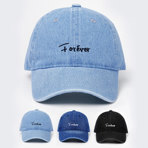 Forever Embroidery Washed Denim Baseball Cap Adjustable Outdoor Sun Hat Retro Casual Headwear