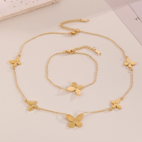 Schmetterling Schmuckset Edelstahl Strass Halskette Und Armband Für Damen Elegant Mode Süß Accessoires