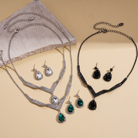 Collar Y Pendientes Con Colgante De Gota De Agua Vintage Cobre Diamantes De Imitación En Forma De V Joyas De Lujo Para Mujeres