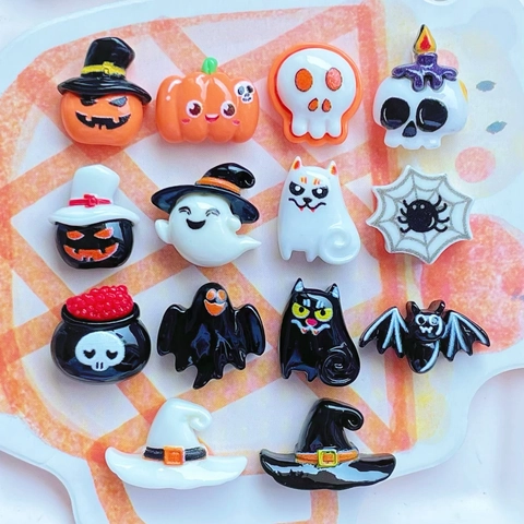Mini Halloween Resin Charms Pumpkin Ghost Bat Skull Witch Hat Flatback For DIY Crafts Phone Case Hairpin Decor Cartoon