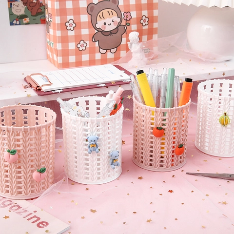 Kawaii Pen Holder Plastic Woven Texture Desktop Organizer Round Cute Fruit Animal Charms For Office School Students