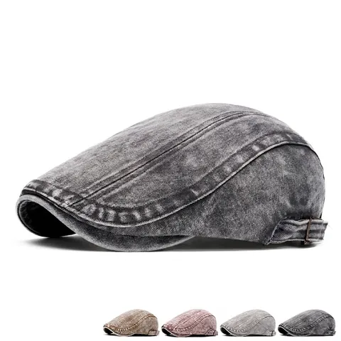 Vintage Flat Cap Gewassen Katoen Denim Verstelbare Metalen Gesp Heren Dames Forward Beret Hat