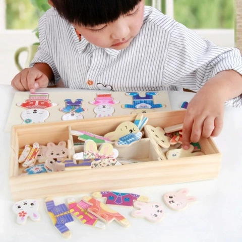 Wooden Rabbit Family Dress Up Puzzle Toy Set Educational Changing Clothes Game With Wood Storage Box Cognitive Kids Toy