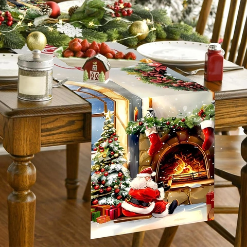 Christmas Table Runner Polyester Santa Claus Fireplace Merry Christmas Holiday Dinner Party Home Decor Festive Tableware