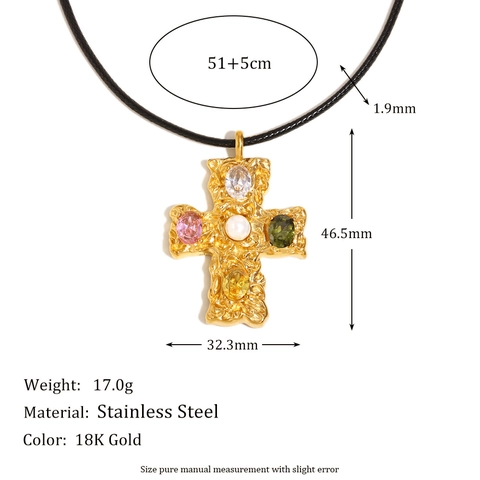 Hammered Cross Pendant Necklace 18K Gold Plated Stainless Steel With Colorful Gemstones Artificial Pearl Black Rope For Women