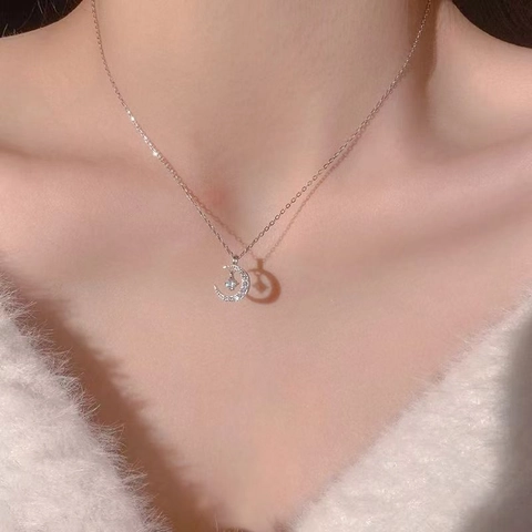 Collana Pendente Luna Crescente Acciaio Titanio Lega Zircone Stella Catena Clavicola Lusso Design Per Donna