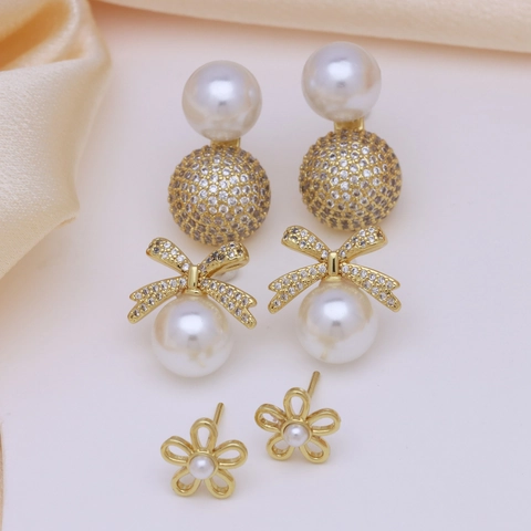 Französische Vintage Legierung Künstliche Perle Ohrstecker Für Damen Vergoldet Strass Schleife Blume Ball Ohrringe Schmuck