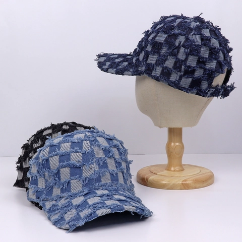 Vintage Distressed Denim Schachbrett Baseballkappe Für Herren Damen Gewaschene Ausgefranste Kante Streetwear Verstellbarer Sonnenhut
