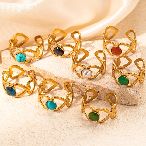 French Light Luxury Titanium Steel Heart Hollow Open Ring Multicolor Rhinestone Artificial Pearl 18K Gold Plated Women Finger Ring Jewelry