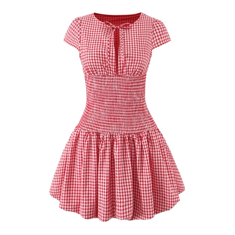 Vestido Corto De Cuadros Gingham Para Mujer Cintura Elástica Fruncida Manga Corta Mezcla Rayón Poliéster