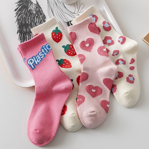 Women Japanese Cute Mid-calf Socks Polyester Pink White Heart Strawberry Pattern Letters Breathable Fashion Crew Socks