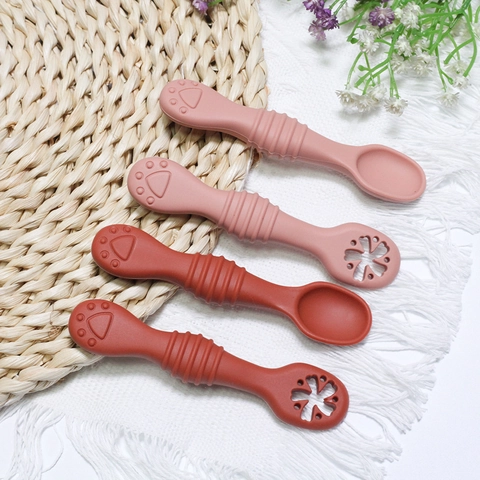 Silicone Baby Training Spoon And Teether Soft Food Grade Feeding Utensils For Infants Toddlers Non Slip Paw Handle