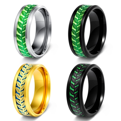 Anello in Acciaio al Titanio con Motivo a Foglia Unisex Lucido Trama Naturale a Fascia per Sport Outdoor Casual Gioielli