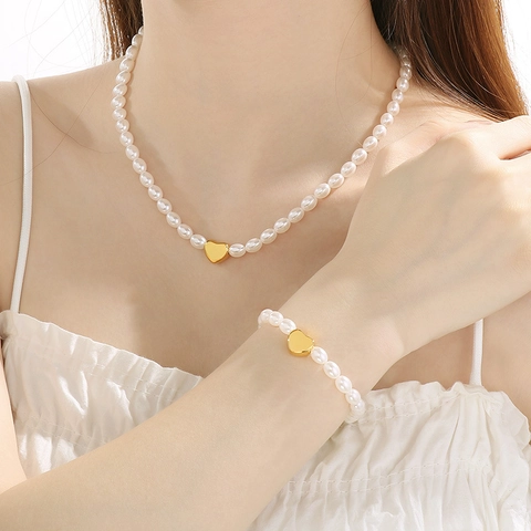 Collar Y Pulsera De Perlas Artificiales De Imitación Con Colgante De Corazón Acero Inoxidable Joyería Elegante Para Mujer