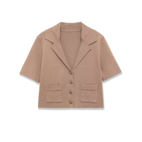 Women Knitted Short Sleeve Cardigan Lapel Collar Button Up Sweater Jacket With Pockets Casual Chic Knit Top