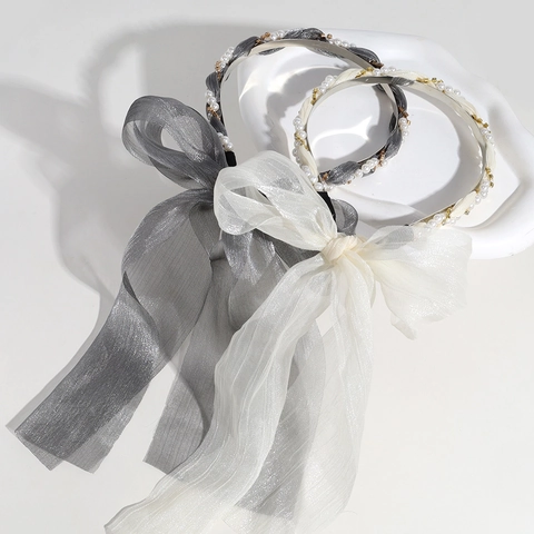 Elegant Bow Headband With Imitation Artificial Pearls And Fabric Ribbon Streamer Retro Chain Hair Hoop For Women Girls