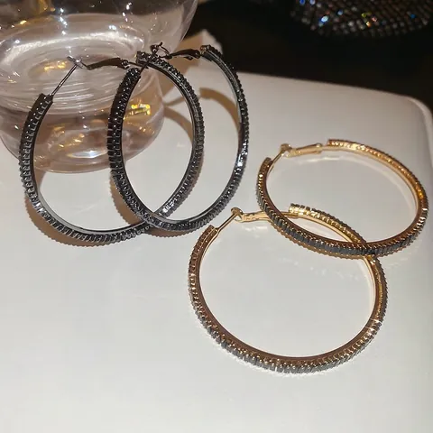 Pendientes De Aro Grandes Redondos Circonita Baguette Negra Cobre Joyería De Moda Lujo Mujer Silver Earring Post