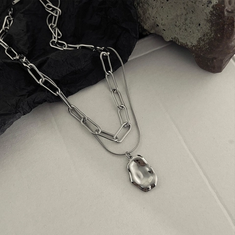 Double Layer Necklace Stainless Steel Irregular Molten Lava Pendant Paperclip Snake Chain Minimalist Jewelry For Women