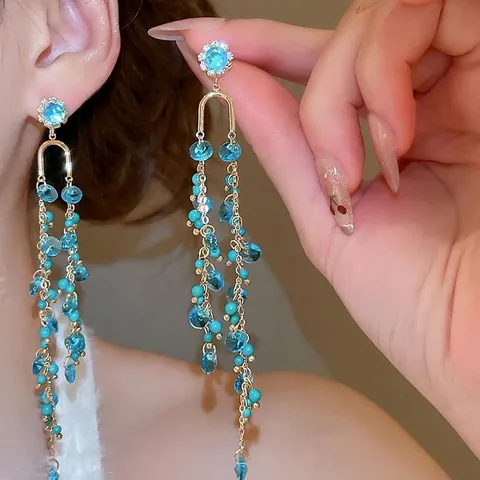 Boucles D'Oreilles Longues À Pompons Avec Tige En Argent Sterling 925 Alliage Cristal Perles De Verre Style Bohême Pour Femmes