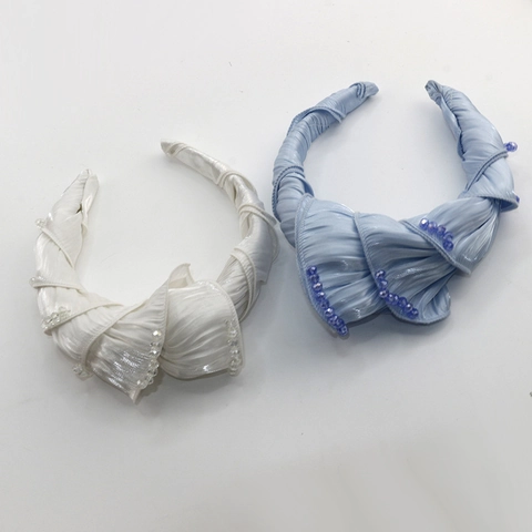 Elegant Pleated Satin Beaded Headband For Women Twist Wide Hair Band Stylish Headwear Accessory