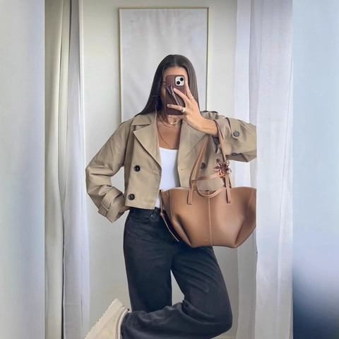 Gabardina Corta Mujer Chaqueta Doble Botonadura Solapa Suelta Estilo Británico Casual Otoño Color Sólido
