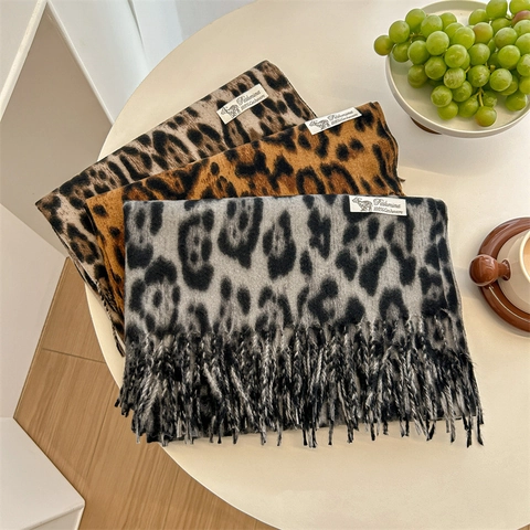 Sciarpa Con Stampa Leopardata Morbida Imitazione Cashmere Pashmina Sciarpa Calda Invernale Con Nappe Per Donne