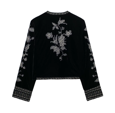 Damen Samt Bestickte Jacke Floral Vintage Kurzmantel Elegant Langarm Reißverschluss Oberbekleidung