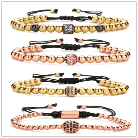 Copper Bead Braided Bracelet With Micro Pave Zircon Disco Ball And Helmet Adjustable Hand-Woven Fashion Jewelry
