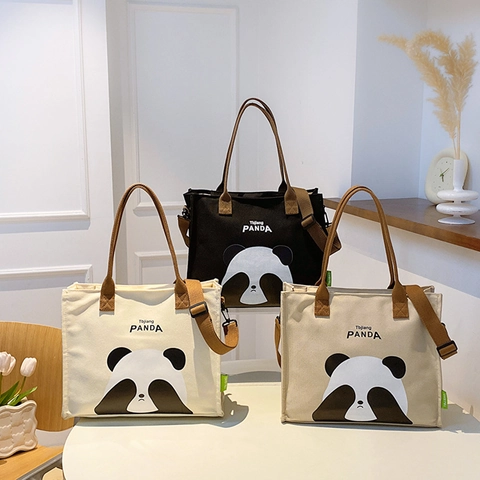 Canvas Totebag Süßer Panda Druck Große Kapazität Lässige Schulterhandtasche Für Frauen Täglicher Weg Reißverschluss