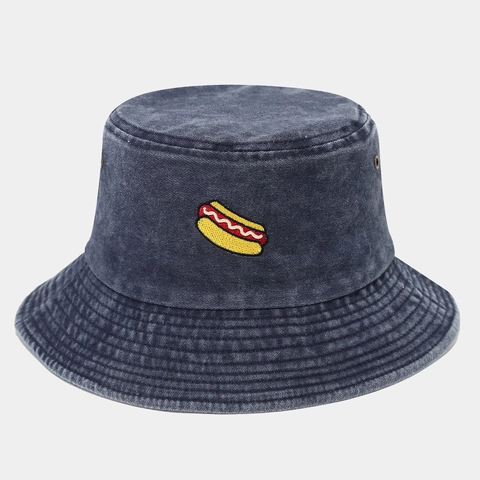 Chapeau Bob En Coton Lavé Rétro Avec Broderie Hot-Dog Pour Hommes Et Femmes Protection Solaire Extérieur Décontracté