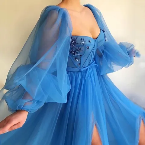 Off-the-shoulder Mesh Abendkleid Mit Puffärmeln Hohem Schlitz Korsett Tüll Formelles Partykleid Für Frauen Elegant