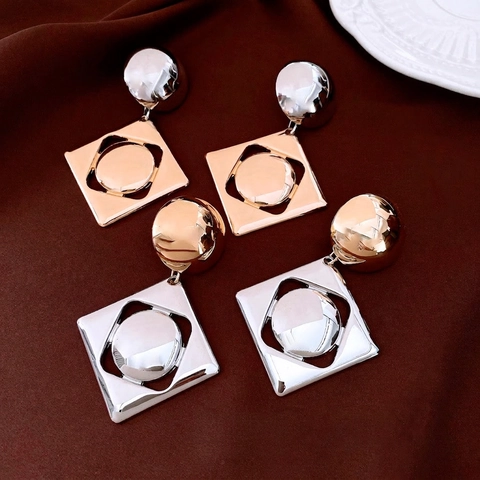 Orecchini Pendenti Geometrici Con Perno In Argento Sterling 925 Colore A Contrasto Lega Quadrato Rotondo Cavo Per Donne