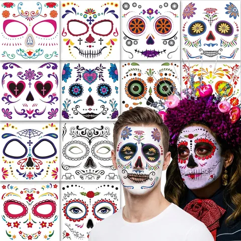 Autocollants De Tatouage De Visage Imperméable Halloween Jour Des Morts Crâne De Sucre Design Floral Maquillage