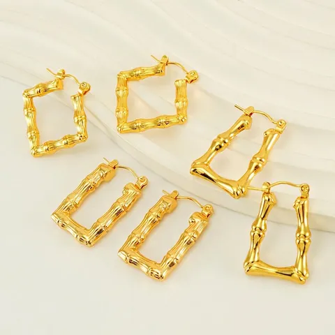 Stainless Steel Hoop Earrings 18K Gold Plated Bamboo Texture Geometric U-Shape Square Vintage For Women