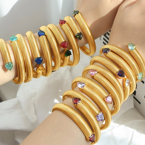 Bracciale Serpente Acciaio Inossidabile Oro Spirale Tubogas Bangle Zirconia Cuore Colorata Gioielli Donne