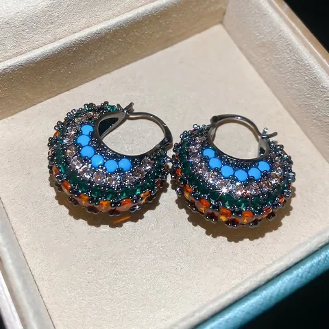 Vintage Multi Kleur Zirkonia Koperen Oorbellen Met Zilveren Oorsteker Etnische Boheemse Stijl Sieraden Voor Dames