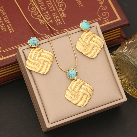 Vintage Stainless Steel Gold Plated Necklace And Earrings With Irregular Square Textured Pendant Synthetic Turquoise For Women