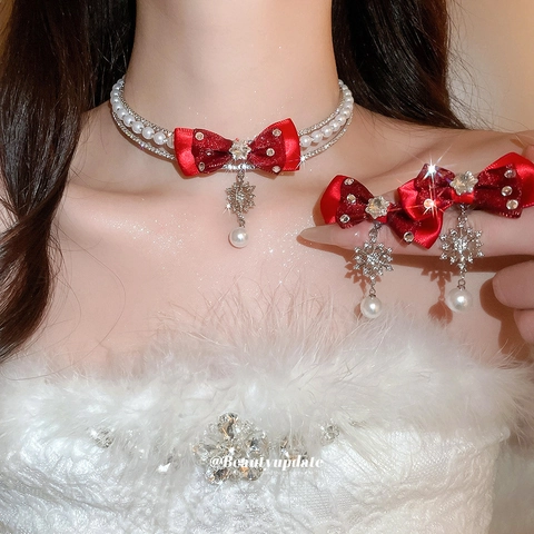 Red Bow Snowflake Artificial Pearl Necklace And Earrings With Silver Earring Post Elegant Christmas Party Accessories For Women