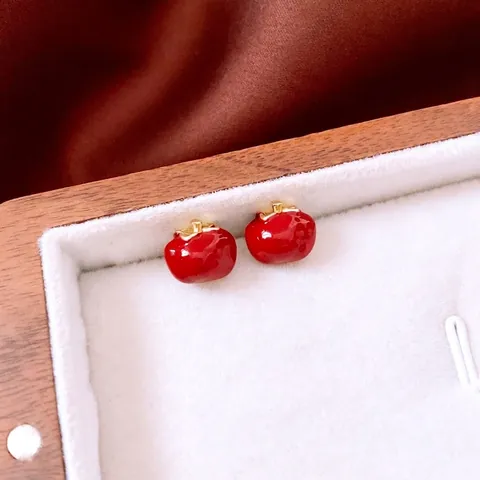 Pendientes De Botón De Manzana Esmalte Rojo Aleación Diseño Fruta Con Poste De Plata Joyería De Moda Retro Para Mujeres