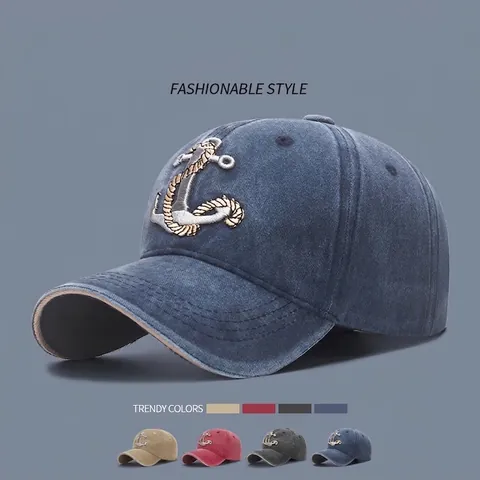 Washed Cotton Baseball Cap Nautical Anchor Embroidery Distressed Vintage Style Adjustable Casual Sun Hat