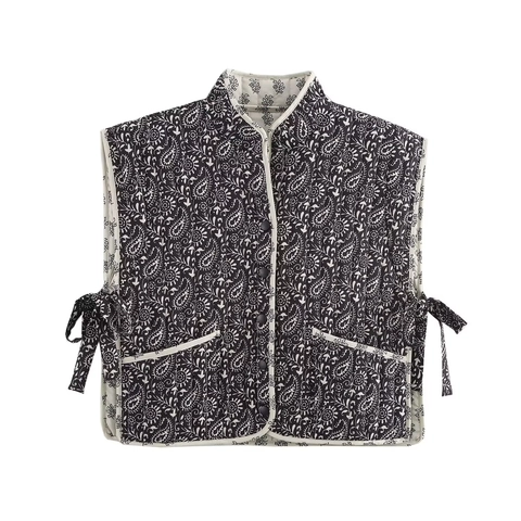 Women Reversible Paisley Print Quilted Vest Stand Collar Down Cotton Padded Waistcoat Sleeveless Jacket Side Bow Ties
