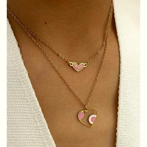 Heart Pendant Necklace Double Layer Stacking Stainless Steel Gold Plated Pink Enamel Trendy Clavicle Chain For Women
