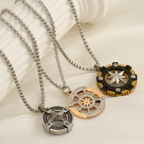 Retro Stainless Steel Compass Pendant Necklace Eight Pointed Star Nautical Helm Vintage Industrial Jewelry For Men