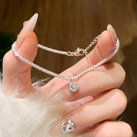 Bracelet Pendentif Fleur Hexagone En Zircon Plaqué Argent Chaîne Fine Bijoux De Mode Étincelants Pour Femmes Filles Cadeau Élégant