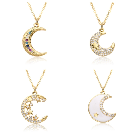 Elegante Collar Colgante Luna Estrella Cobre Diamantes Imitación Micro Incrustado Cadena Chapado Oro Para Mujer Joyería Fiesta