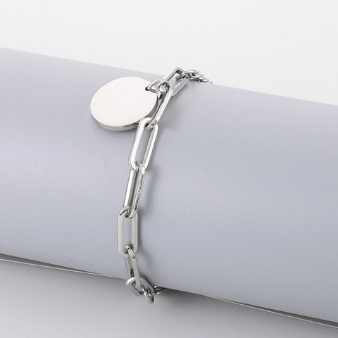 Stainless Steel Double Layer Bracelet Paperclip Curb Chain Round Disc Pendant Polished Minimalist Jewelry For Men Women