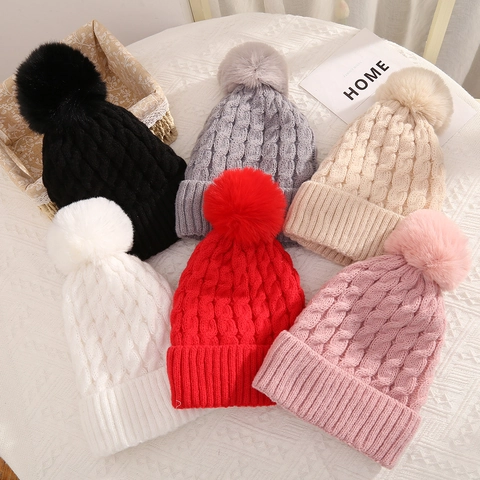 Women Beanie Hat Winter Warm Cable Knit Acrylic Faux Fur Pom Pom Fold Over Cuff Solid Color Casual Headwear