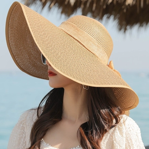 Cappello Di Paglia Da Donna A Tesa Larga Pieghevole Traspirante Estate Spiaggia Viaggio Vacanza Elegante Con Fiocco