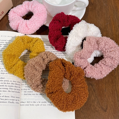 Grand Chouchou En Fausse Laine D'Agneau Peluche Douce Élastique Pour Cheveux Accessoire De Mode Automne Hiver Couleur Unie Pour Femmes