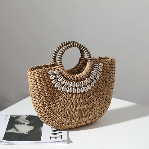 Bolso De Mano De Paja Tejida Con Decoración De Conchas Naturales Bohemio Vacaciones En La Playa Bolso Media Luna Asa De Anillo Rayada